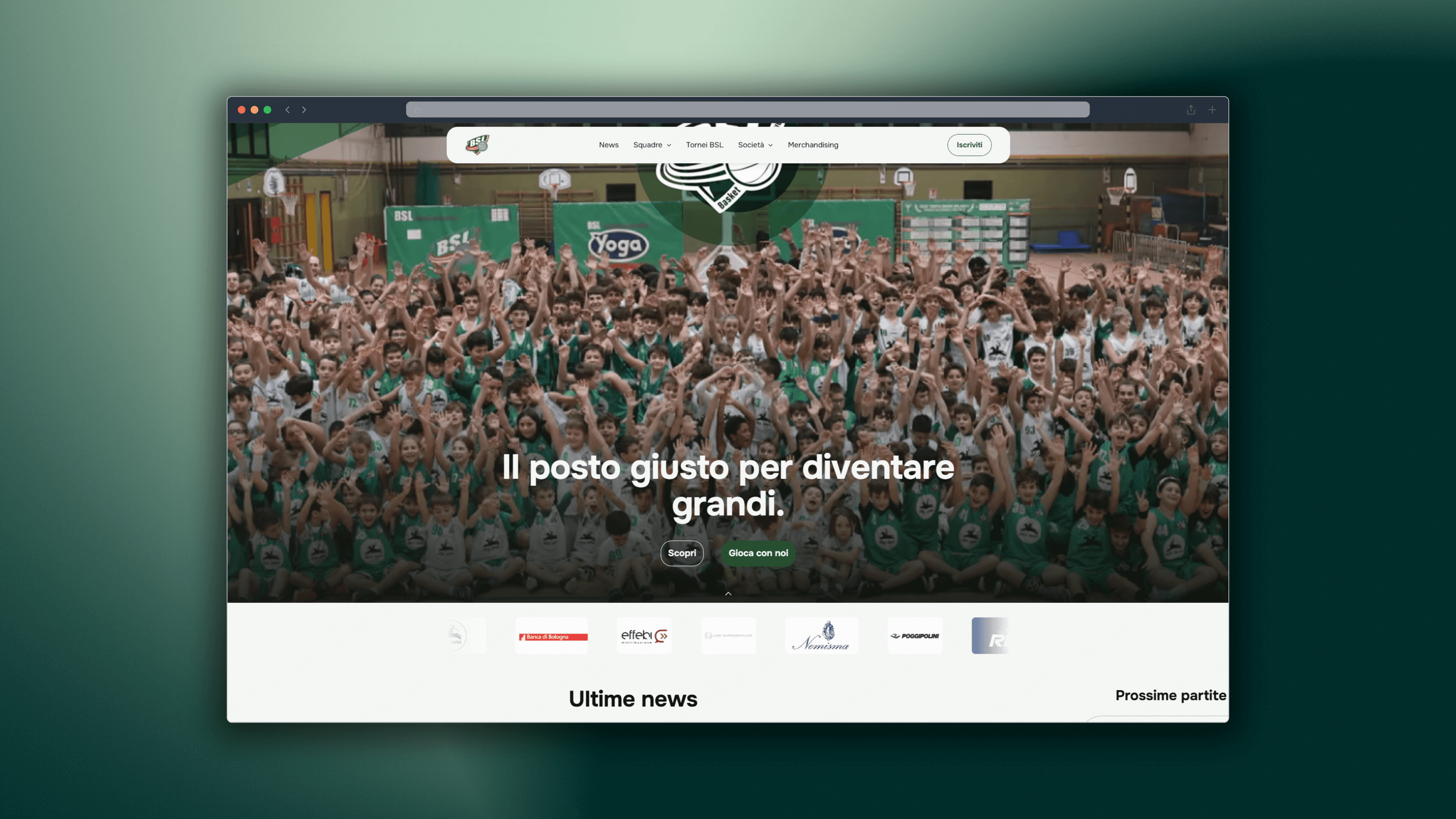 Redesign sito BSL San Lazzaro, homepage desktop con barra di navigazione, logo del club, foto di gruppo dei giovani giocatori, headline "Il posto giusto per diventare grandi" e CTA Scopri e Gioca con noi. UX/UI design e sviluppo Framer di Luca Ghiacci.