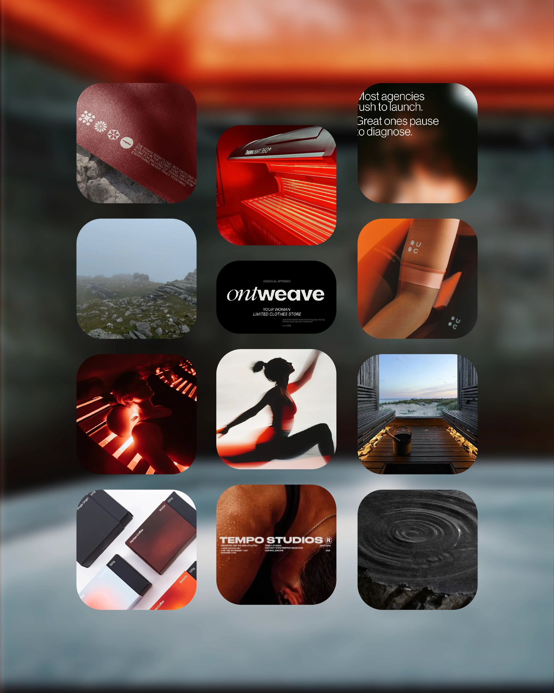 Camden's House brand moodboard — red light therapy, movement, wellness architecture, and recovery references