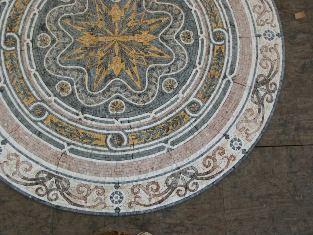 Eight-Point Star mosaic pool medallion, Gold on pale marble, hand-cut stone — reference M-06, Mosaiclegs Art Studio