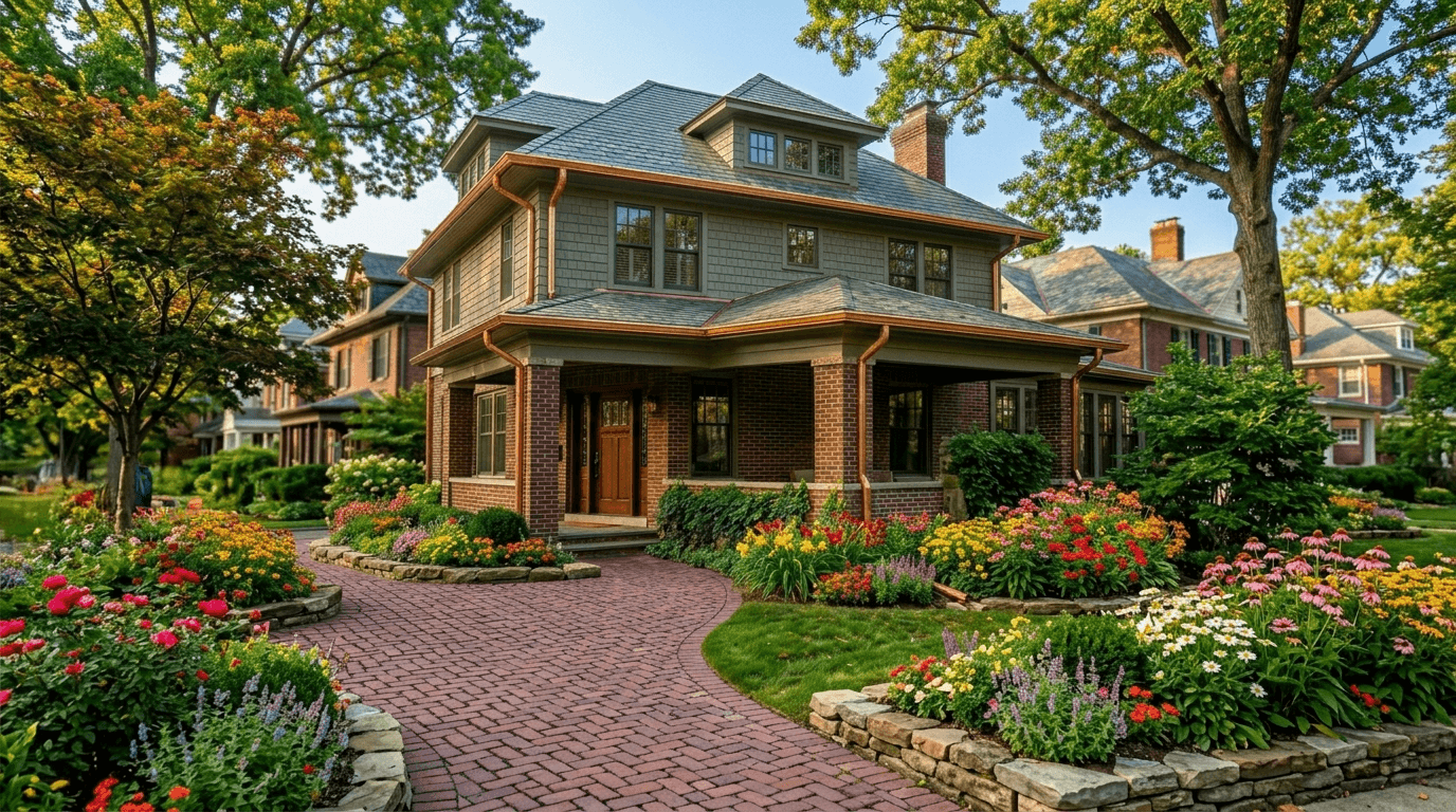 A beautiful Craftsman-style home sits on a corner lot with bright floral landscaping, a brick paver walkway, and copper guttering