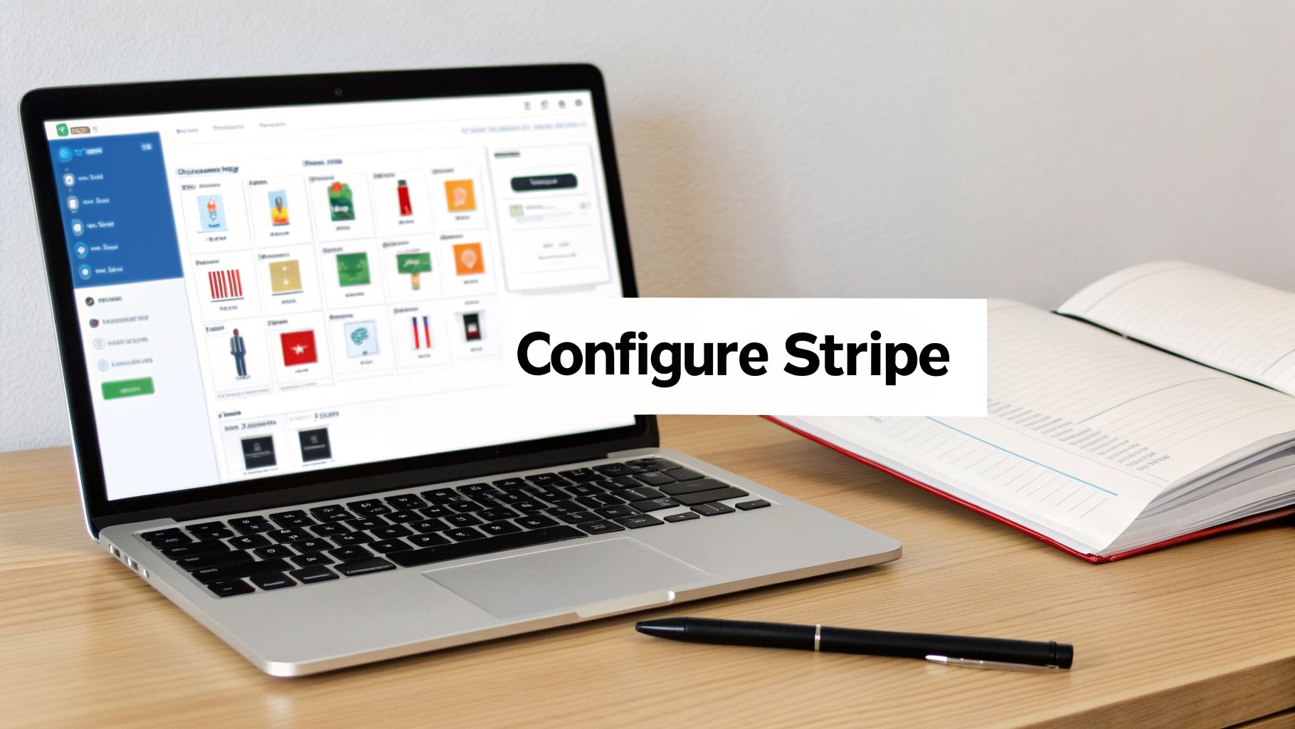 A laptop on a wooden desk displays a web interface, with 'Configure Stripe' text overlaid, beside an open notebook and pen.