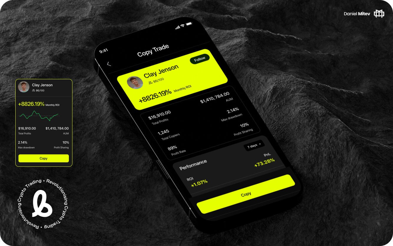 The image shows a smartphone displaying a cryptocurrency trading app interface, featuring a user profile with performance metrics, follower count, and trading details against a textured dark background.