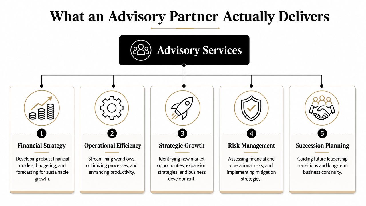 A diagram outlining five key components of advisory services, including financial strategy, operational efficiency, growth, risk, and succession.