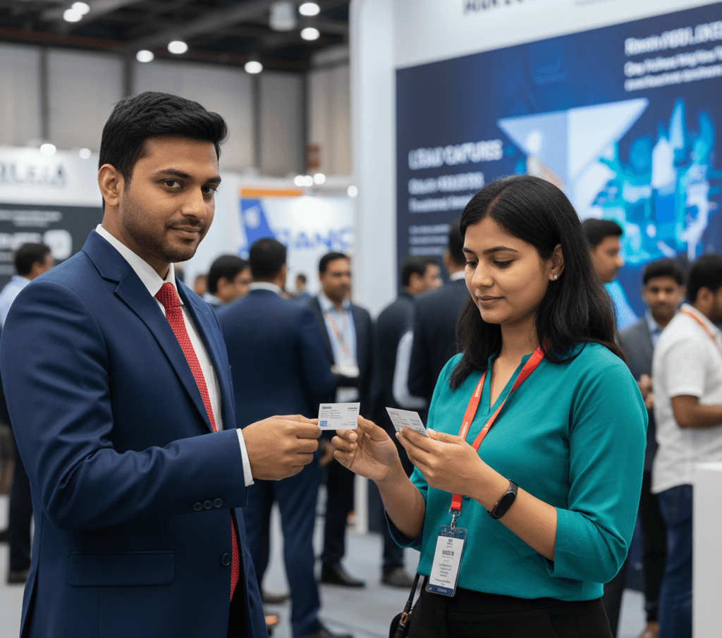 Business owners exchanging cards at a crowded trade fair booth while using the Habsy app to scan and save contact details for structured follow-ups.