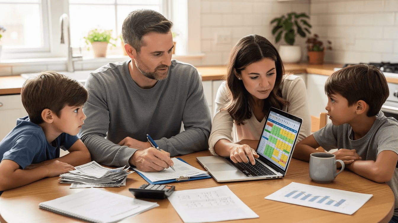 A family is gathered around a kitchen table, engaged in a discussion about finances, with papers and a laptop in front of them. They appear to be exploring options for charitable giving, possibly considering how a donor advised fund could provide immediate tax benefits and help manage their tax liability through strategic contributions.
