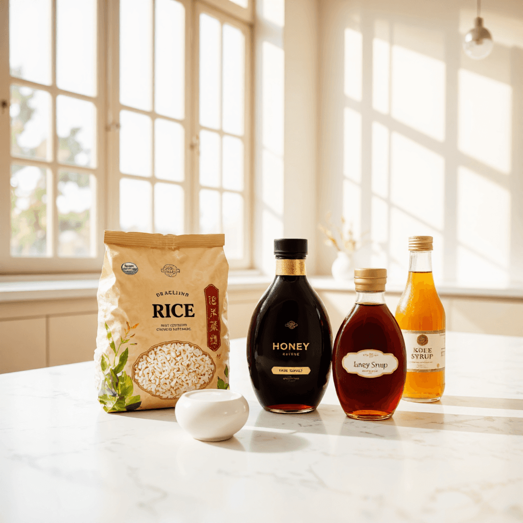 product photography of a package of rice, a jar of honey, a bottle of syrup, and a small jar of sauce