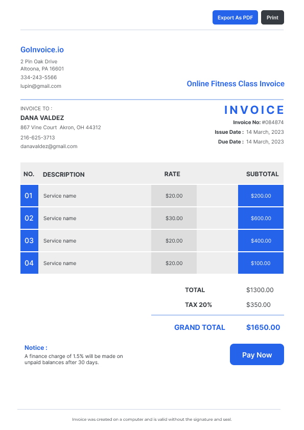 Online Fitness Class Invoice