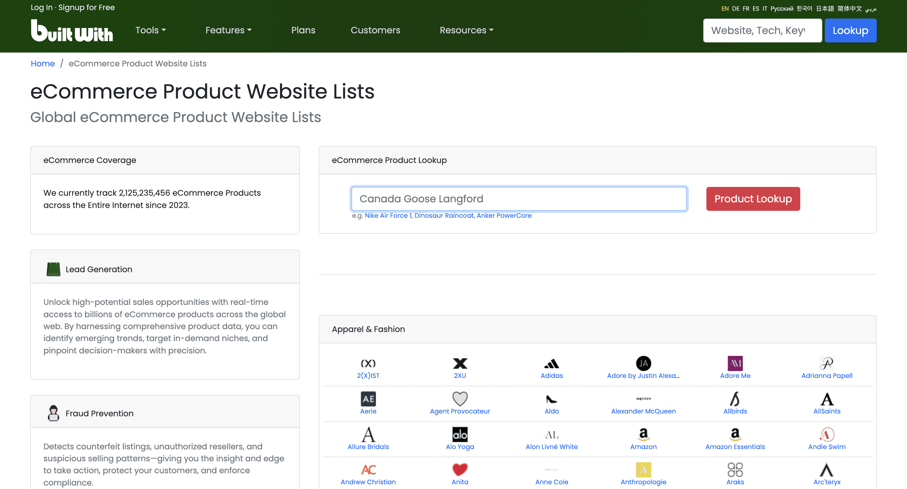 List of ecommerce websites on Builtwith.com
