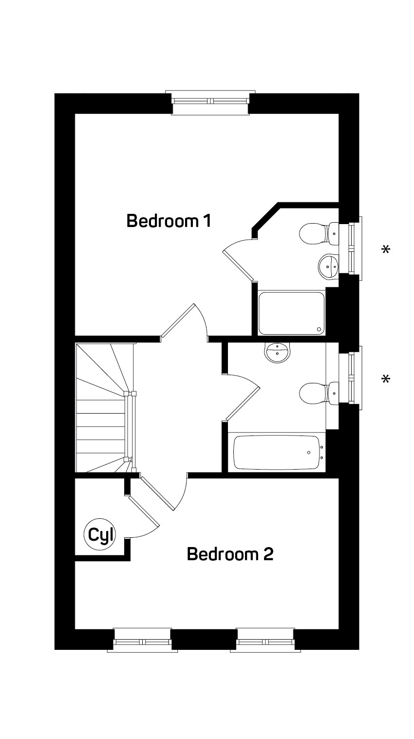 Asterisk highlights no window to bathroom areas