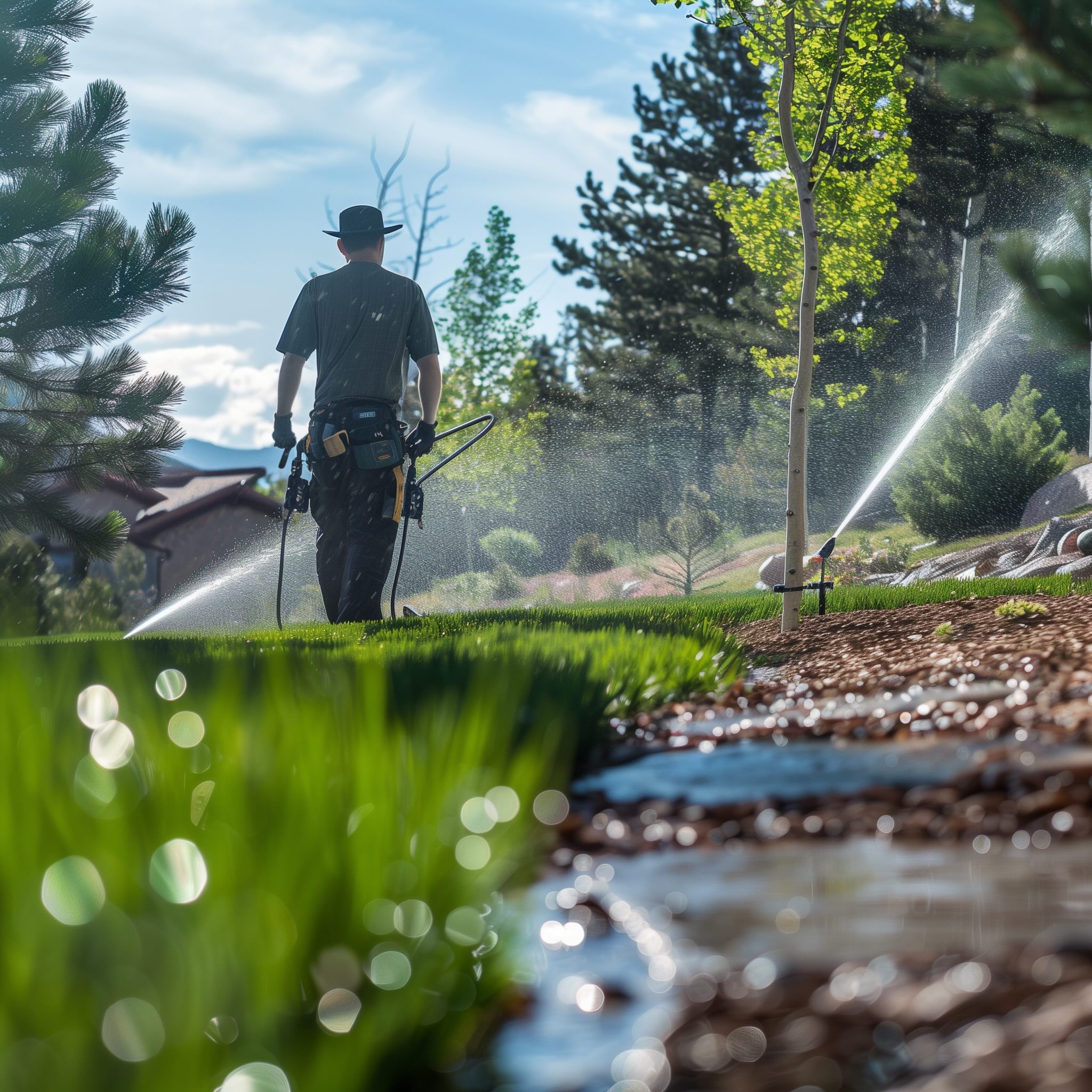 employee from a garden, irrigation, and landscape design company spraying water on the lawn in a front yard