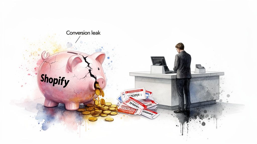Cracked Shopify piggy bank leaks coins, symbolizing a 'conversion leak', next to a man at a counter with coupons.