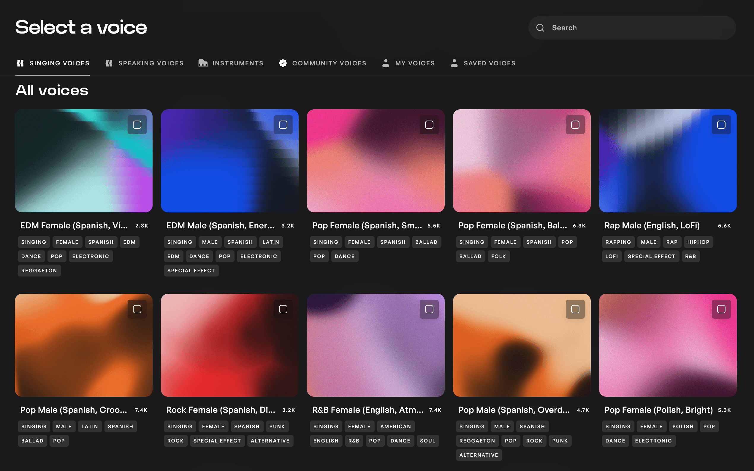 screenshot of select a voice page