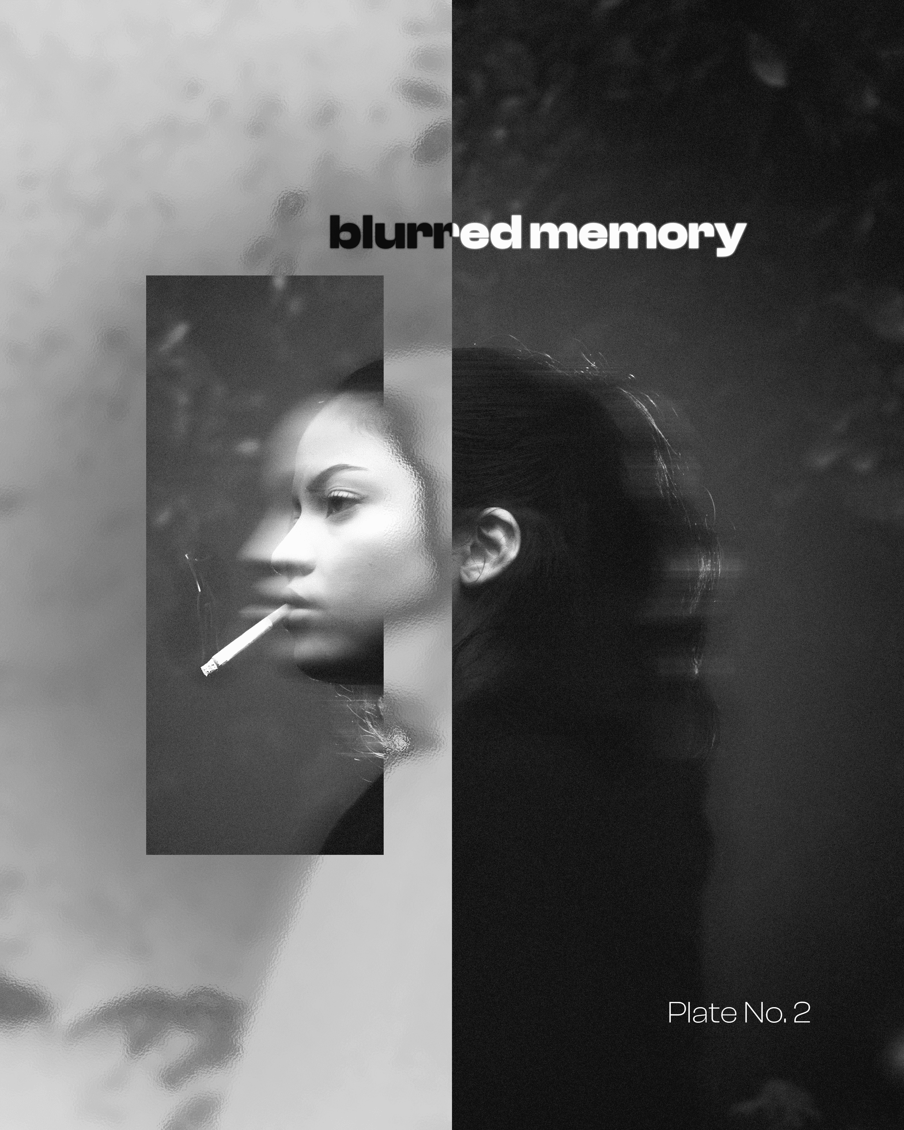 Experimental black and white portrait of a woman smoking, with motion blur and layered rectangles creating a fragmented, dreamlike effect.