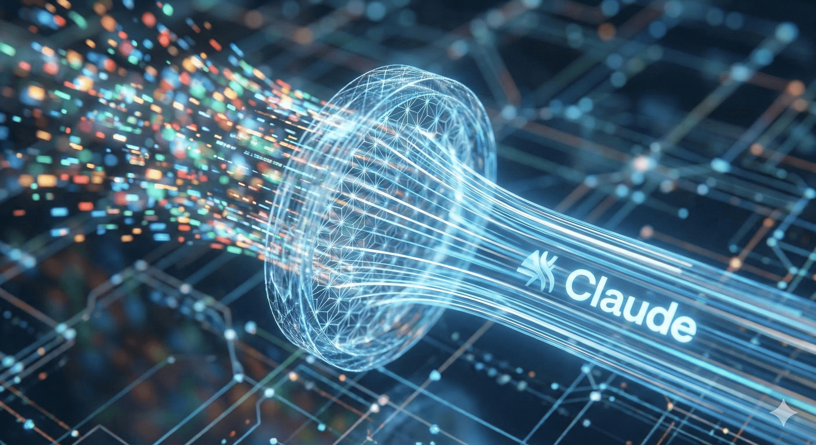 A futuristic digital visualization of dynamic filtering in Claude web search, featuring vibrant data streams and network connections, illustrating the concept of faster, cheaper search technology.