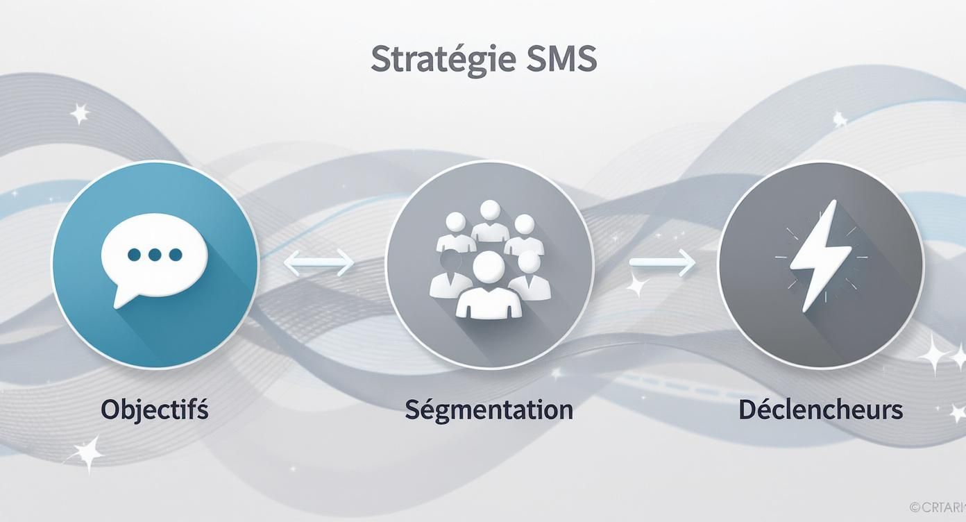 Infographie sur la stratégie SMS, détaillant les objectifs, la segmentation des audiences et les déclencheurs de messages.