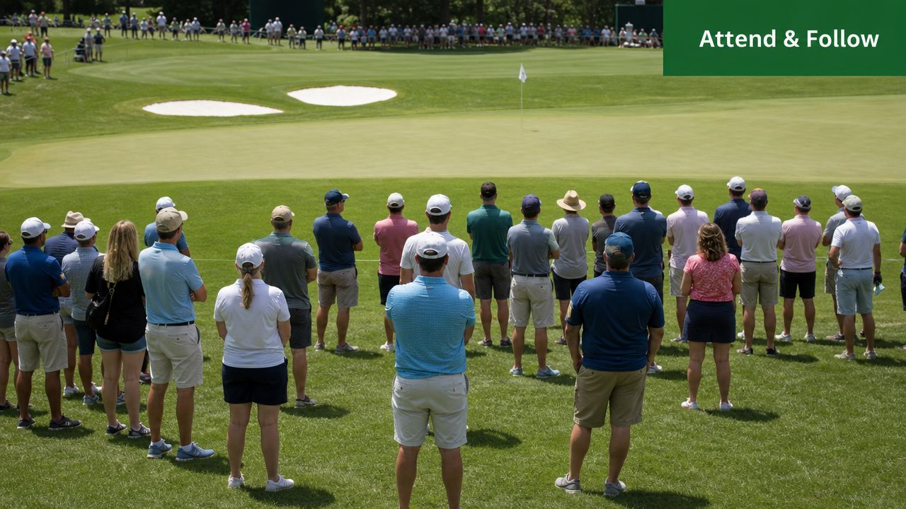 A crowd of golf spectators watches a match from behind a roped-off section on a green course.