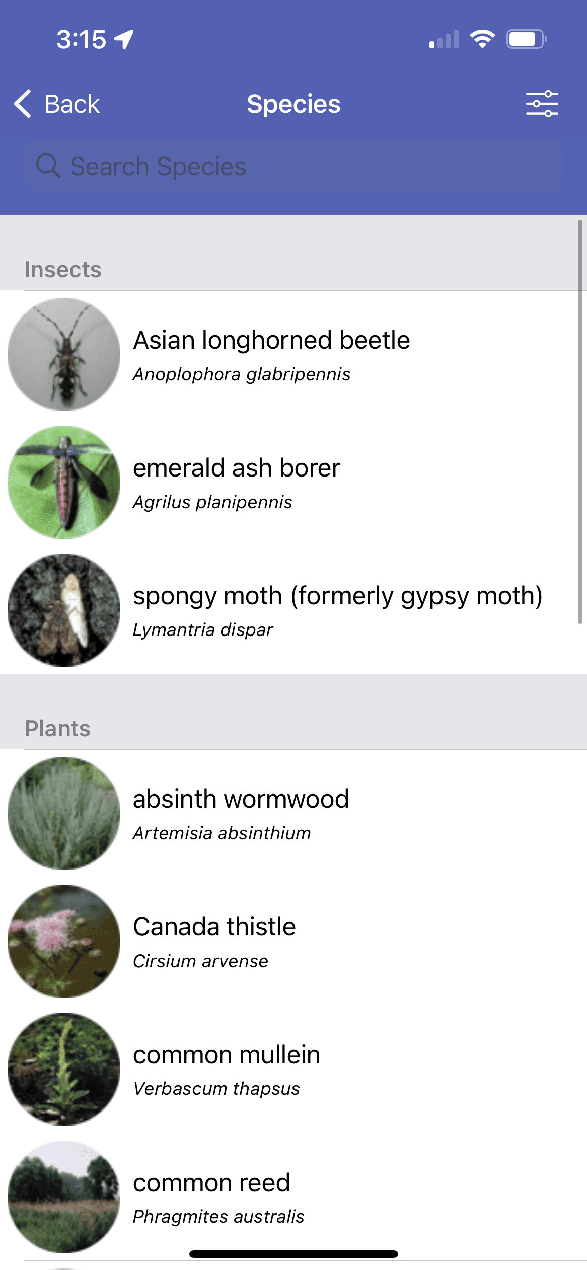 screenshot from wild spotter with list of species