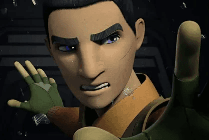 Ezra BridgeR with an intense look, one hand behind him, and the other hand pushing forward