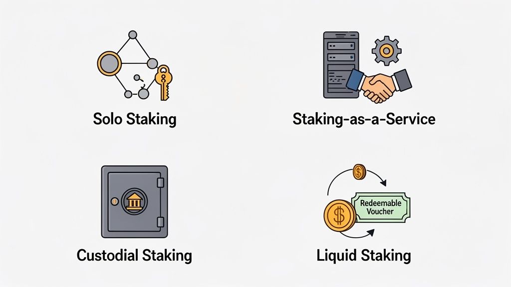 Diagram illustrating four types of cryptocurrency staking: Solo, Staking-as-a-Service, Custodial, and Liquid Staking.