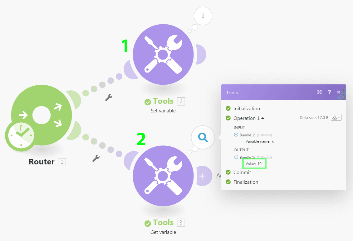 Simple scenario in Make.com made from simple modules showing the Make.com UI