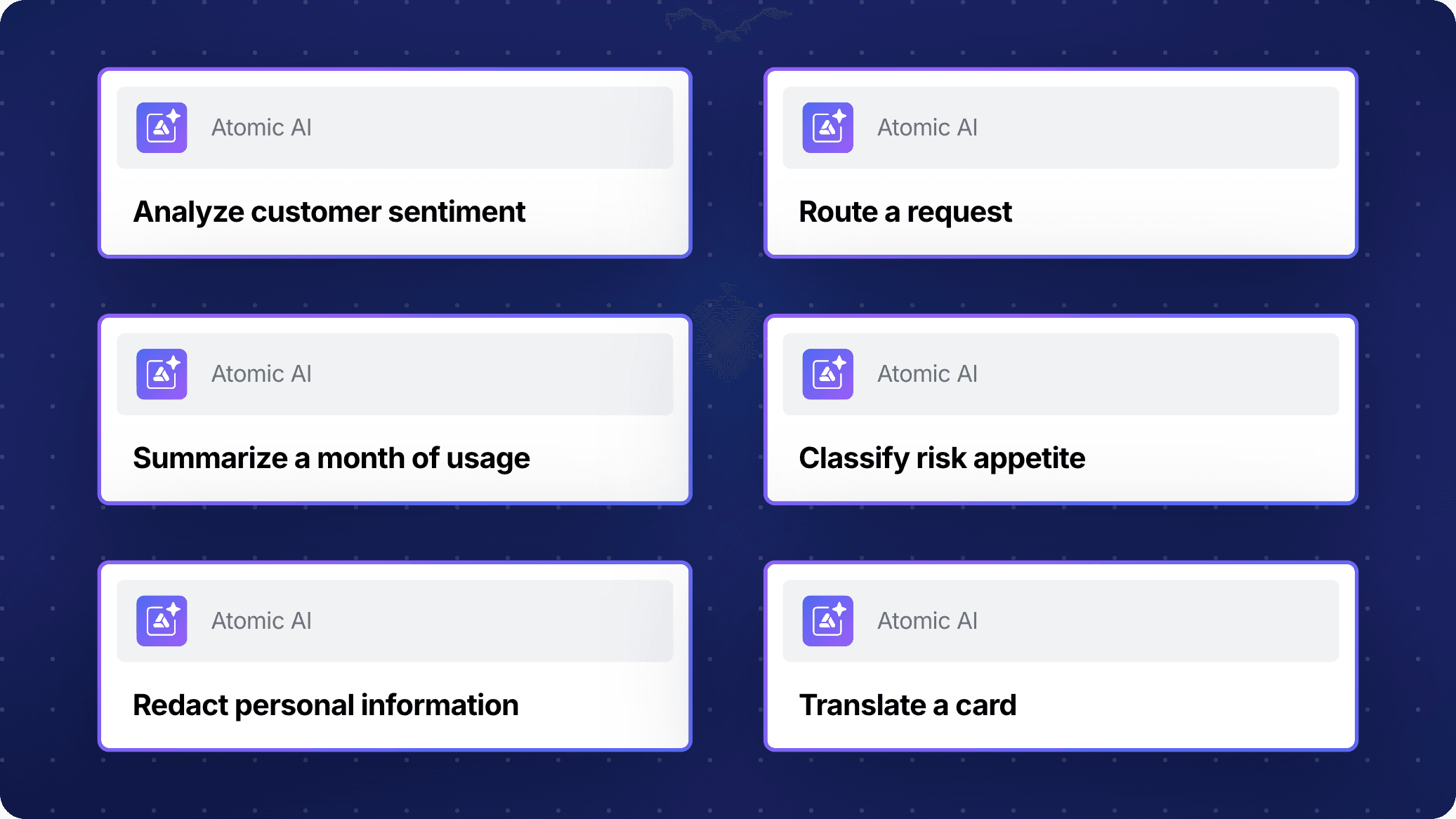 One step, six jobs. Each process is the same Atomic AI step with different instructions, no external AI service and no API keys required.