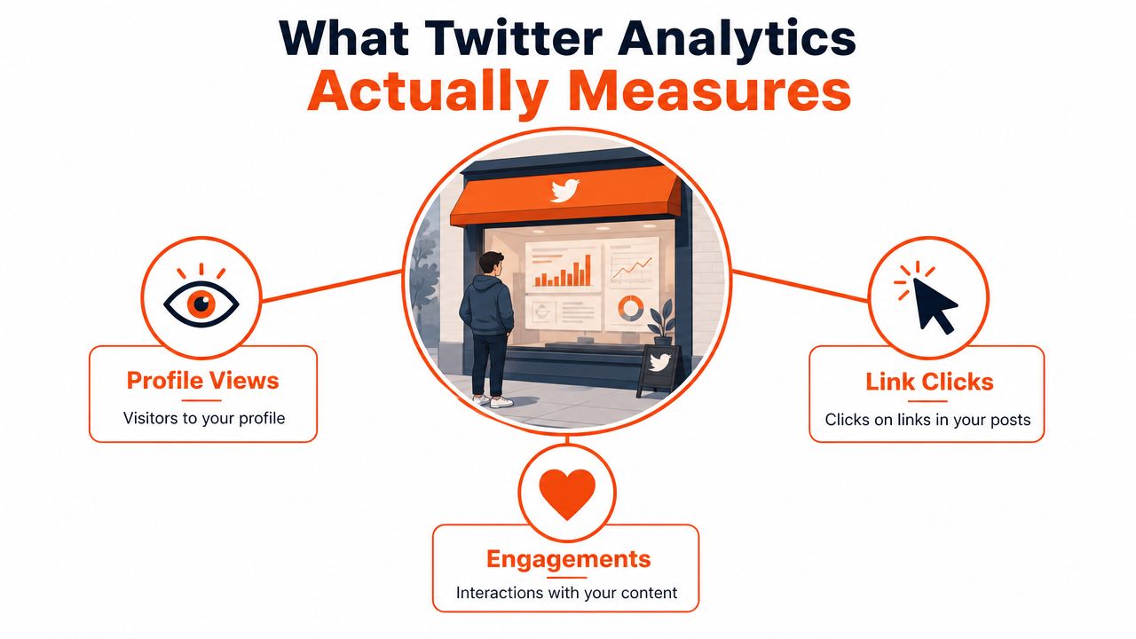 An infographic showing Twitter analytics components including profile views, link clicks, and total audience engagements.