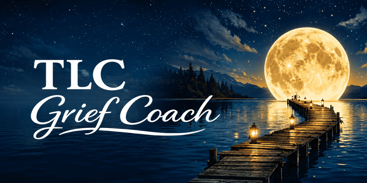 Moonlit lake with wooden dock and lanterns beside TLC Grief Coach logo.