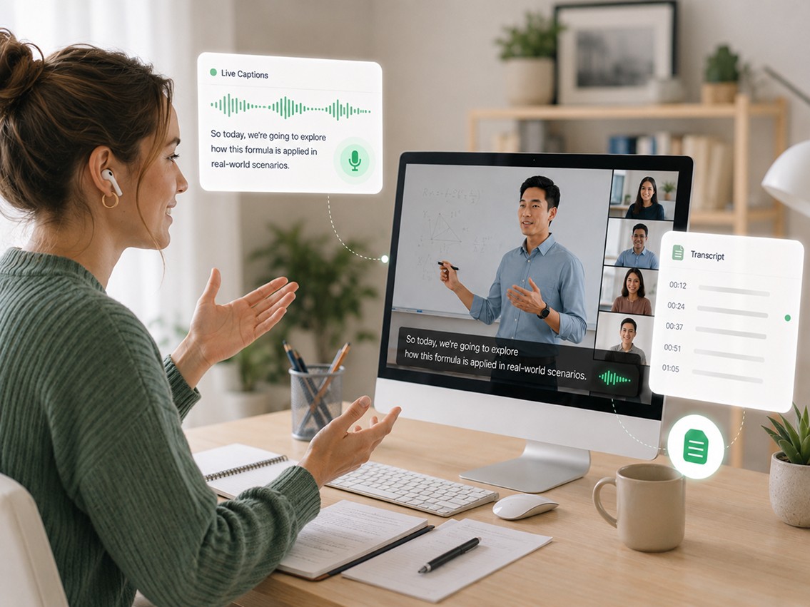 Virtual classroom with live captions and real-time transcription for online teaching and remote learning.