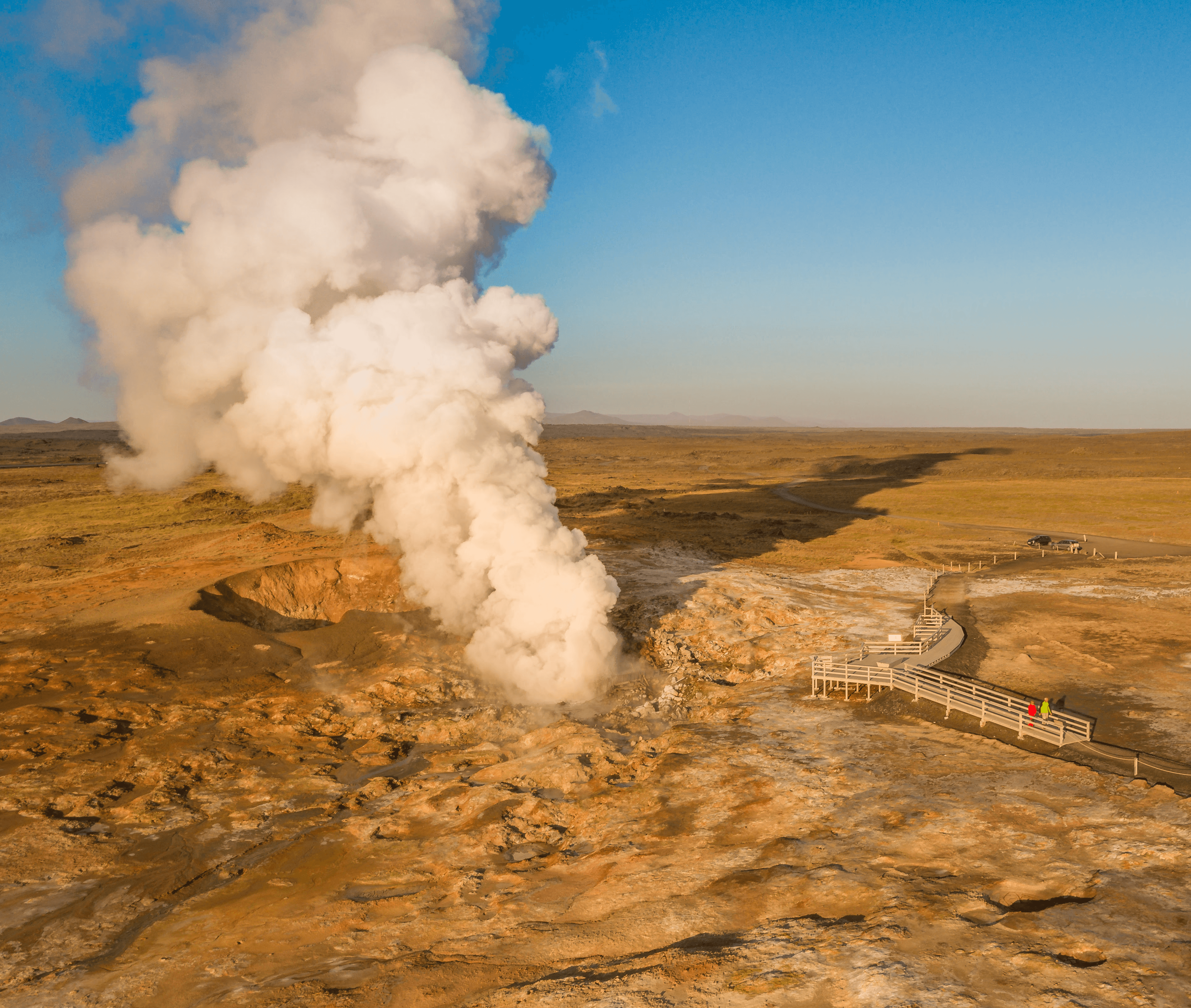 Steam billows from Gunnuhver hot spring in Southwest Iceland, showcasing how geothermal heat lies just beneath the surface—an example of the country’s abundant and accessible geothermal energy.