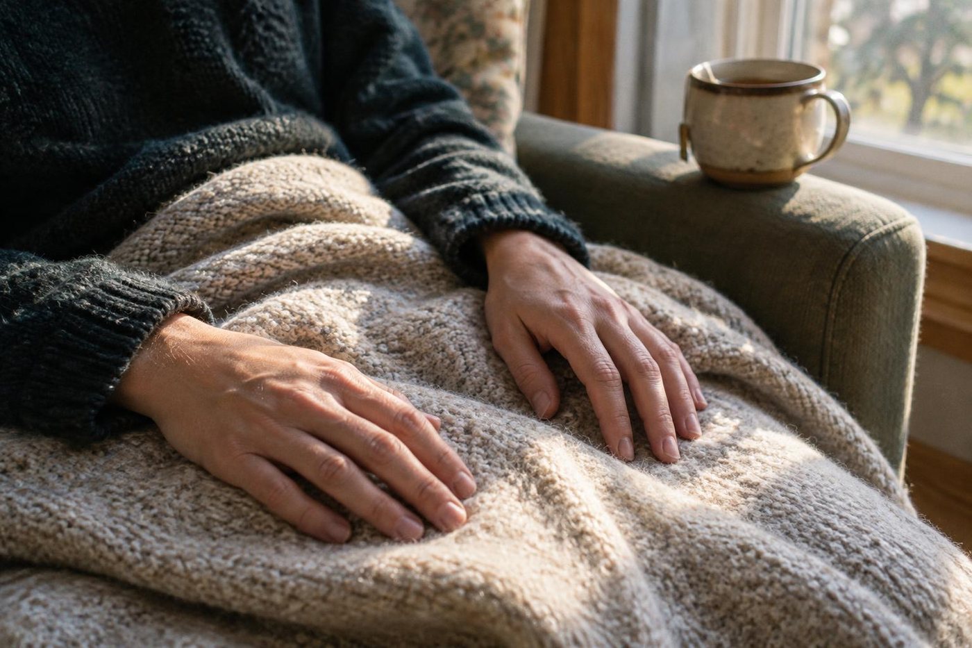Two hands resting on a soft wool blanket in morning light