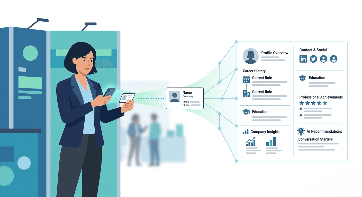 Sales representative using Habsy person enrichment to view detailed professional and company insights after meeting a prospect at a trade show.