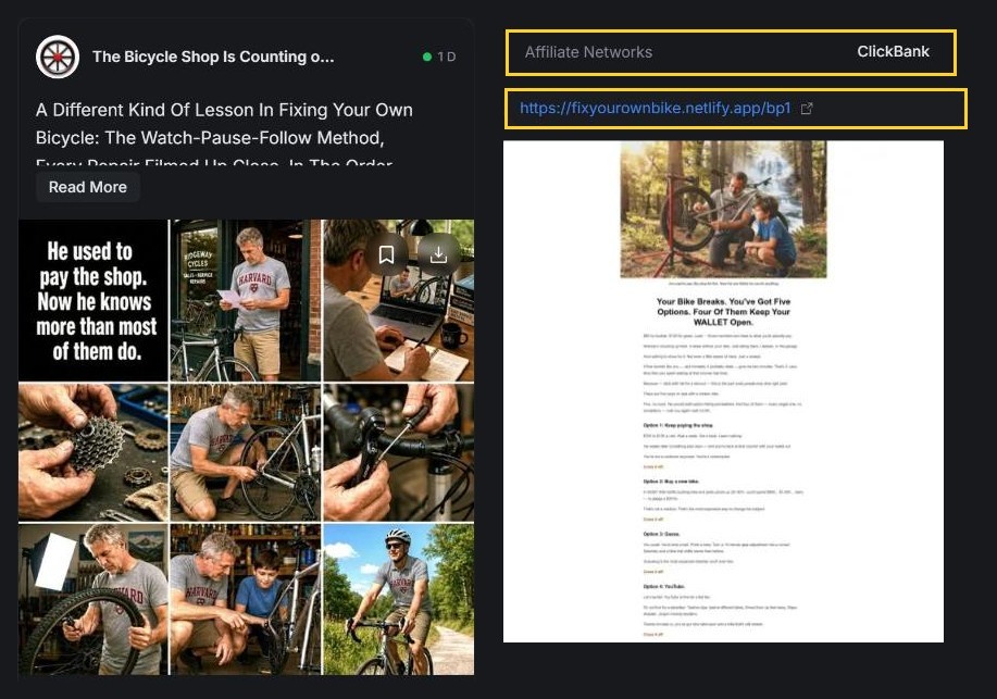 The bicycle repair course ad in AdPlexity Social: Affiliate Networks ClickBank, and the landing page fixyourownbike.netlify.app/bp1, a long bridge page