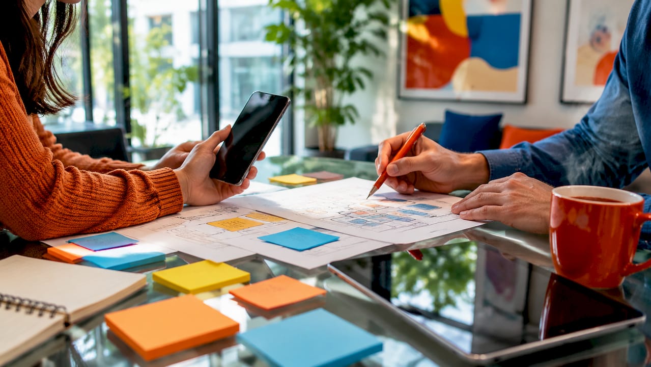 Hands collaborating over localization workflow diagrams