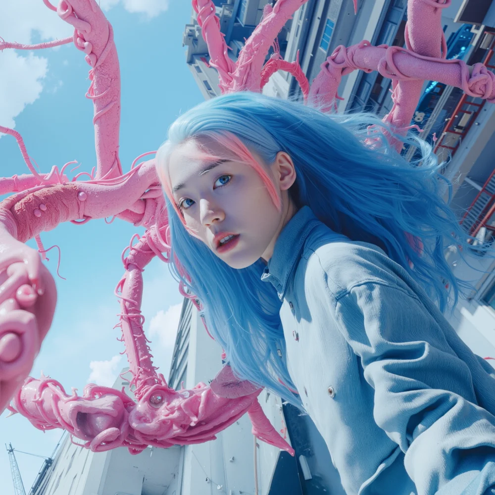 Portrait of a fashion model with blue hair in a denim jacket, with pink tentacle-like forms in the background