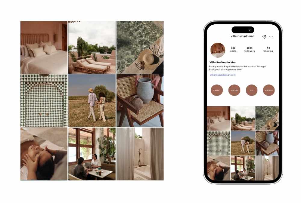 Luxury travel content showcasing a beachside hotel balcony, cliffs overlooking the ocean, and a modern elevated pool surrounded by lush palm trees, created for a travel and hospitality social media campaign.