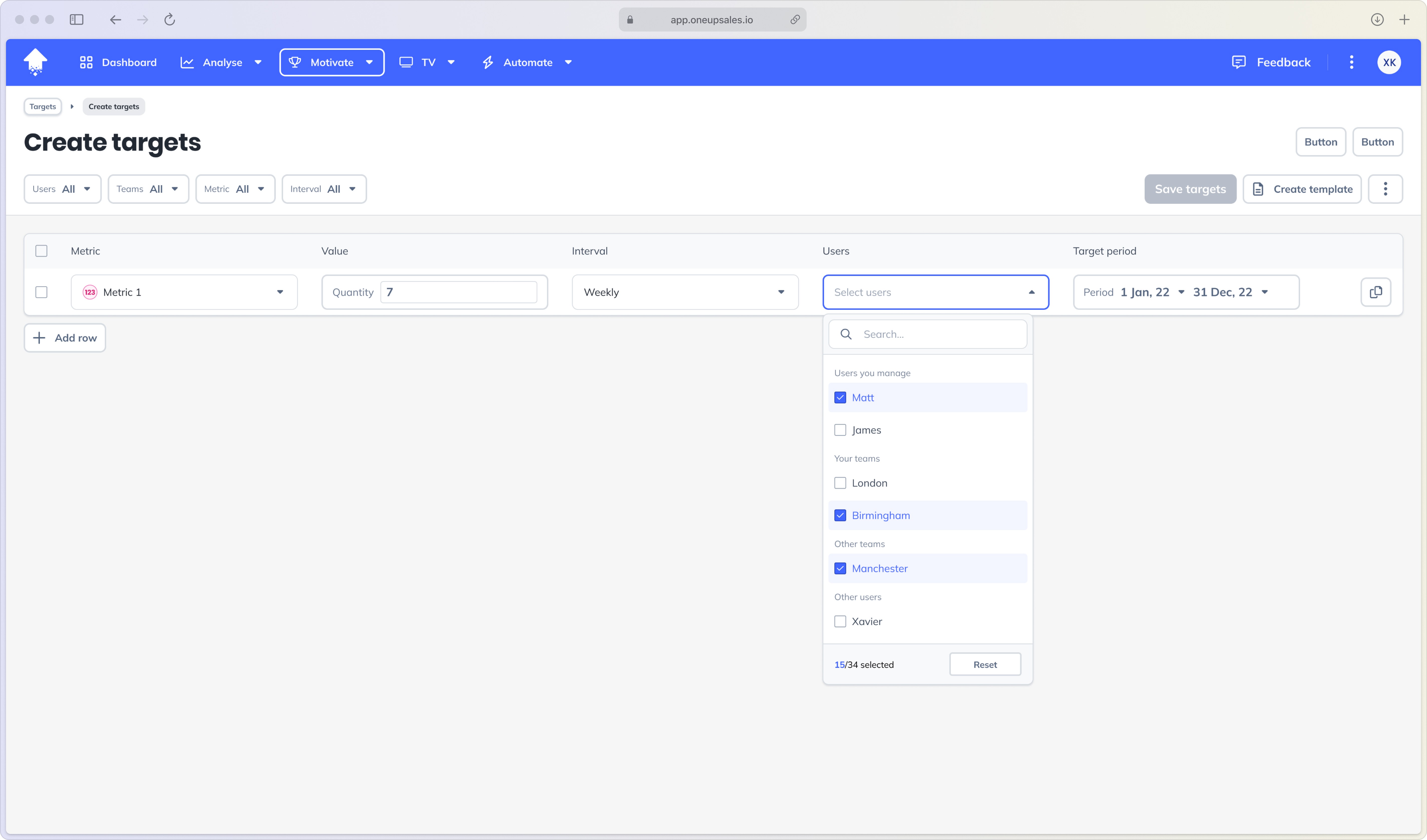 The create target flow highlighting the users field