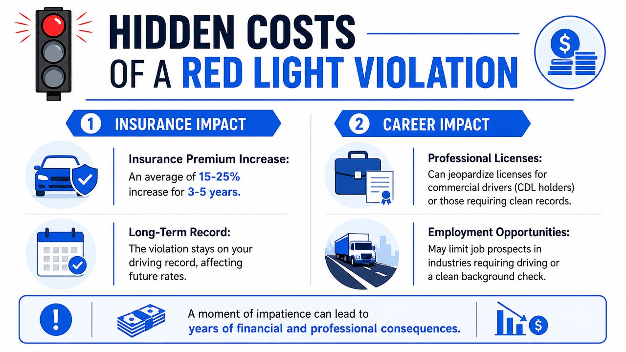 An infographic detailing the long-term insurance and career consequences of receiving a red light violation ticket.