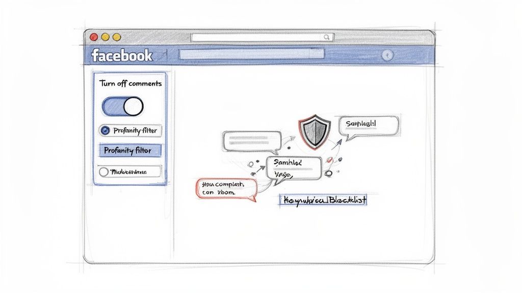 A hand-drawn sketch of Facebook comment moderation settings, including profanity filters and a blacklist.