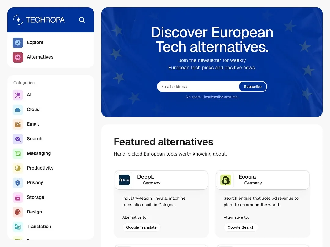 Techropa website promoting European tech alternatives and newsletter signup.