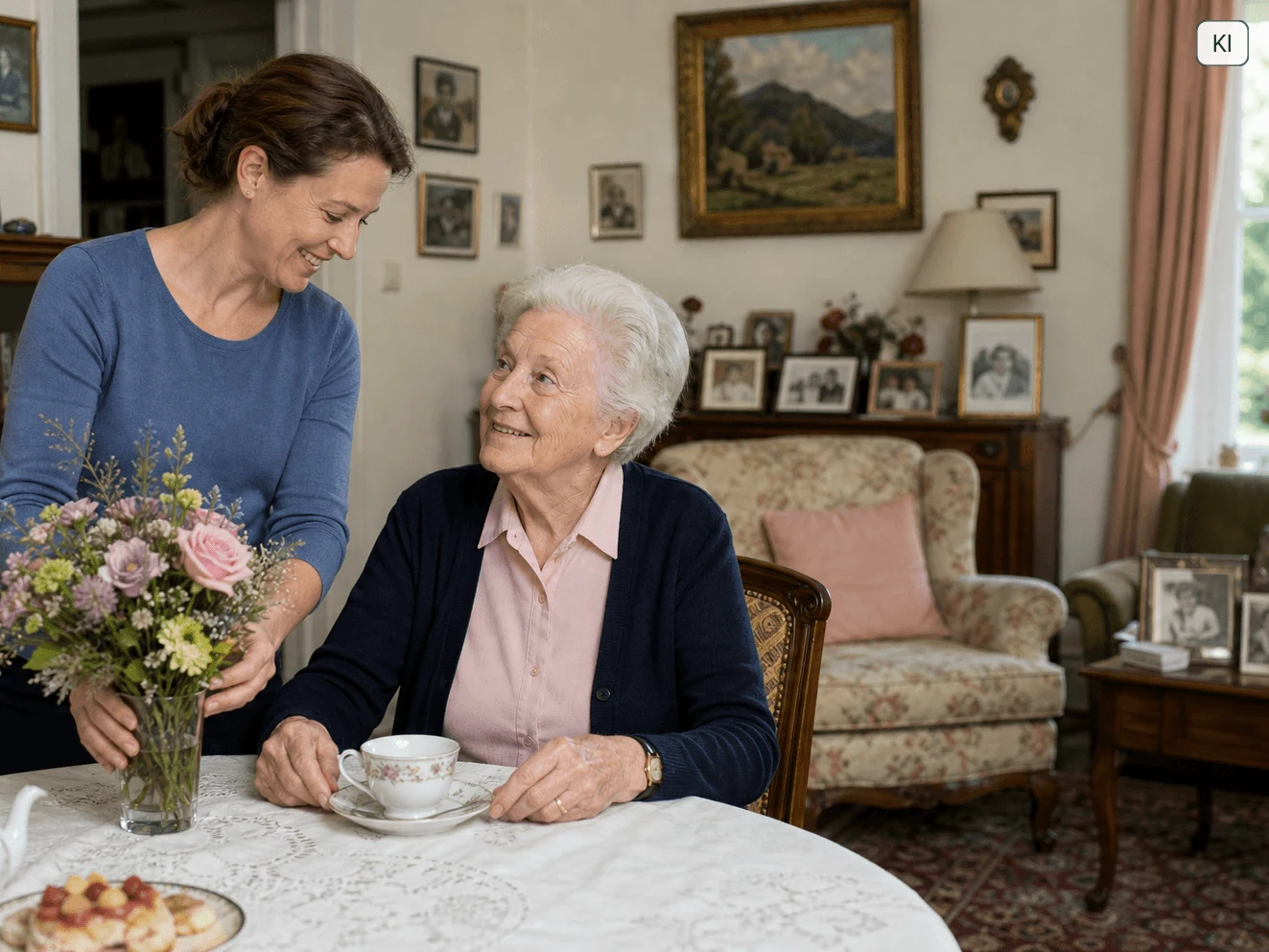 Eine Seniorin und ihre Betreuungskraft gestalten den Alltag im persönlich eingerichteten Wohnzimmer.