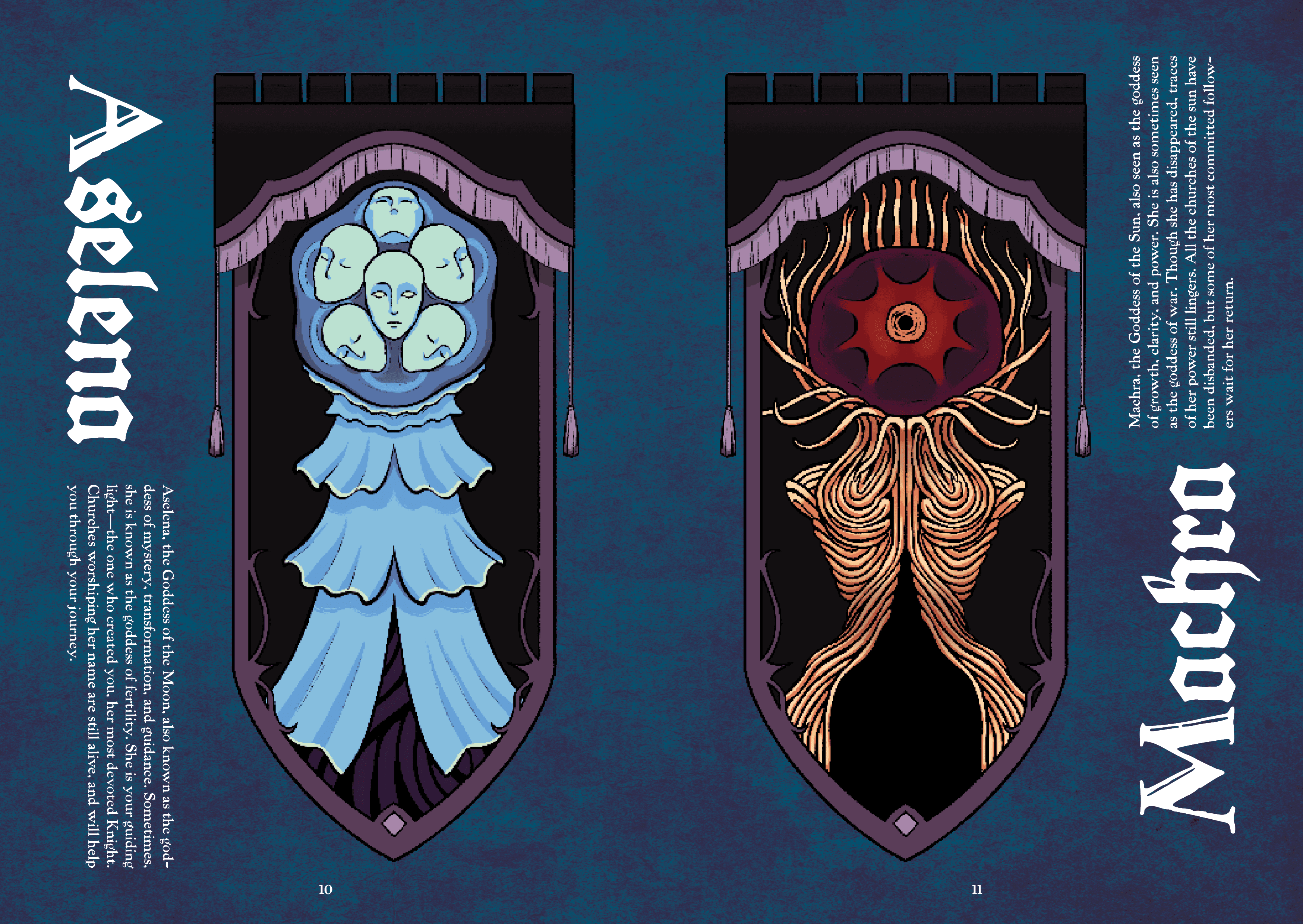 Two page spread of the goddess in the game: Aselena, goddess of the moon, and Machra, goddess of the sun