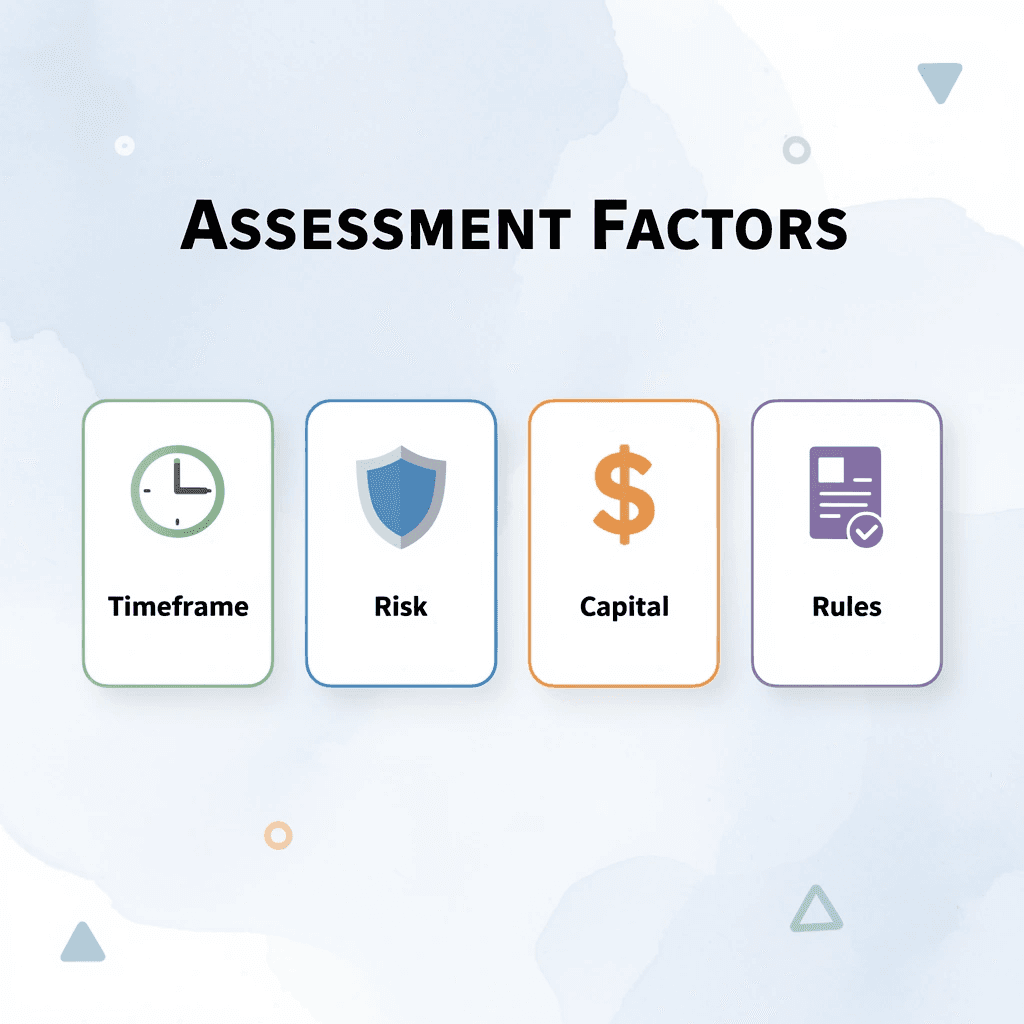 Infographic showing key assessment factors for prop firm selection
