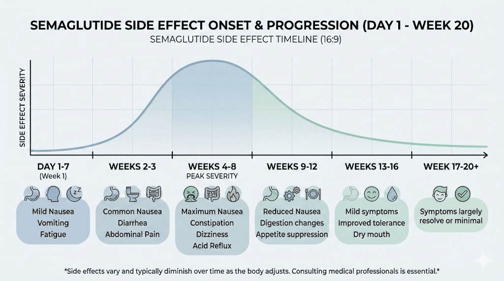 Semaglutide side effects timeline showing onset and peak severity by week