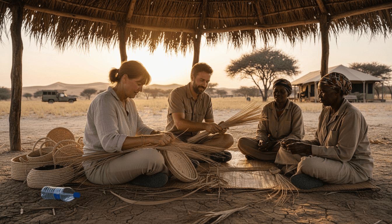 Couples weaving baskets with locals