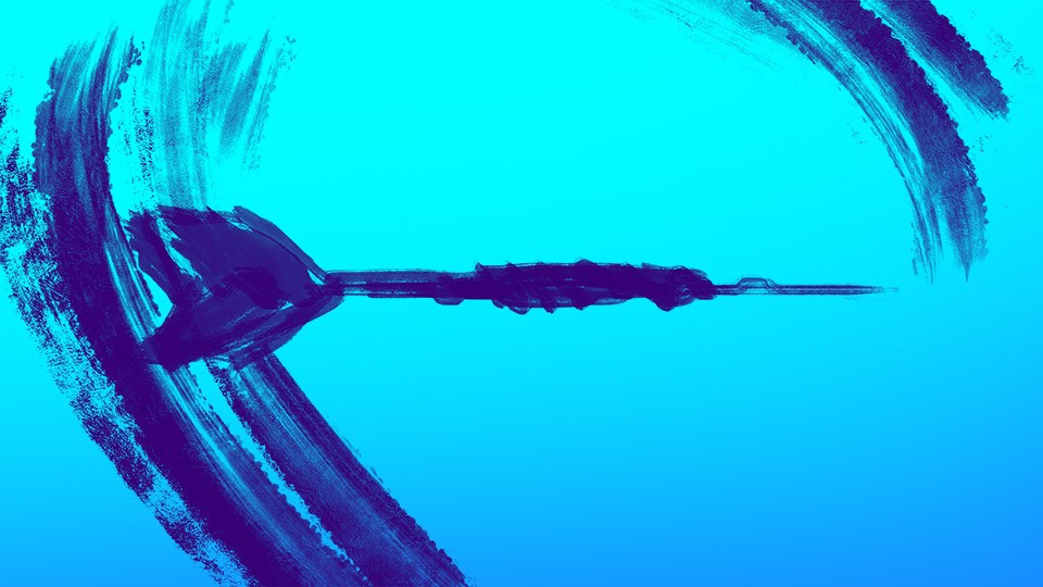 Stylised illustration of a dart with swirls behind