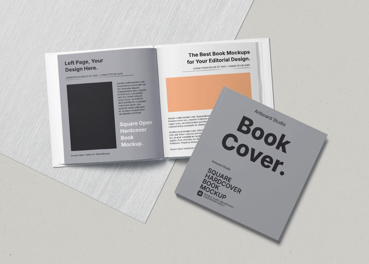 Book cover mockup with open pages