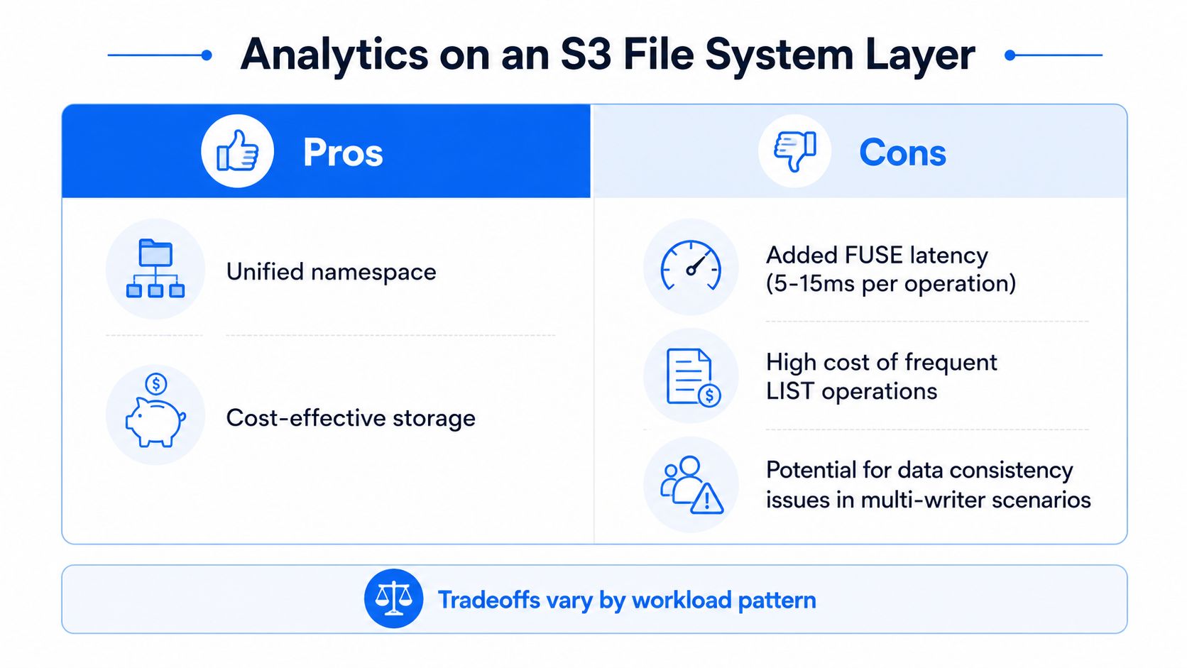 A comparison chart outlining the pros and cons of using an S3 bucket as a file system.