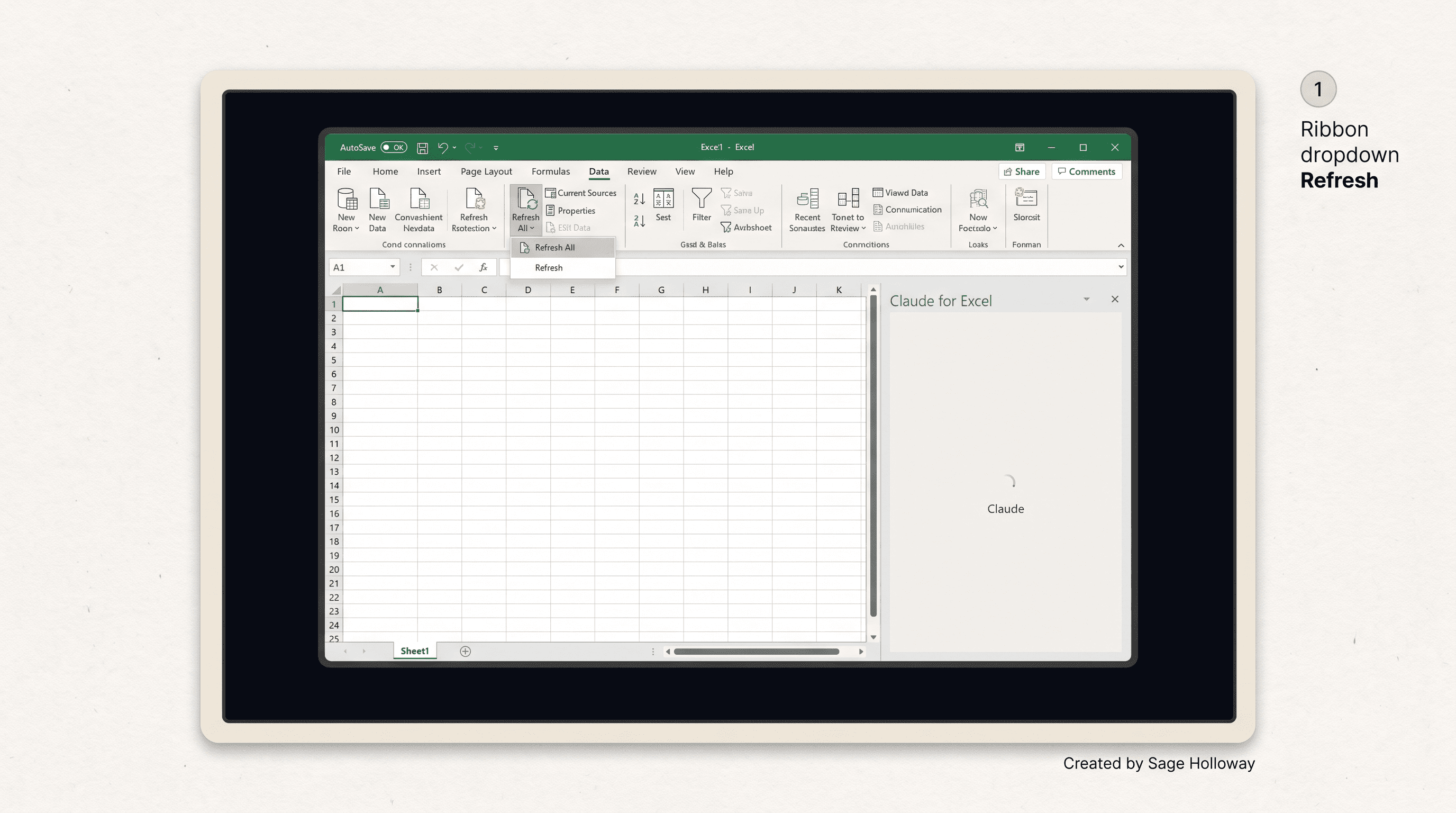 Teaching reconstruction of Excel ribbon dropdown Refresh for a blank Claude sidebar