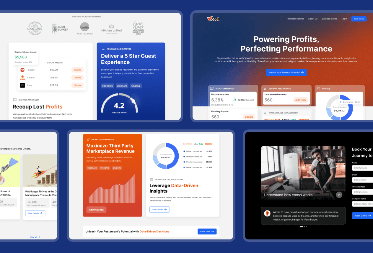 Homepage and key interface screens from the Voosh.ai website, designed by One Craft, highlighting AI-driven revenue insights, financial performance metrics, and booking optimization tools