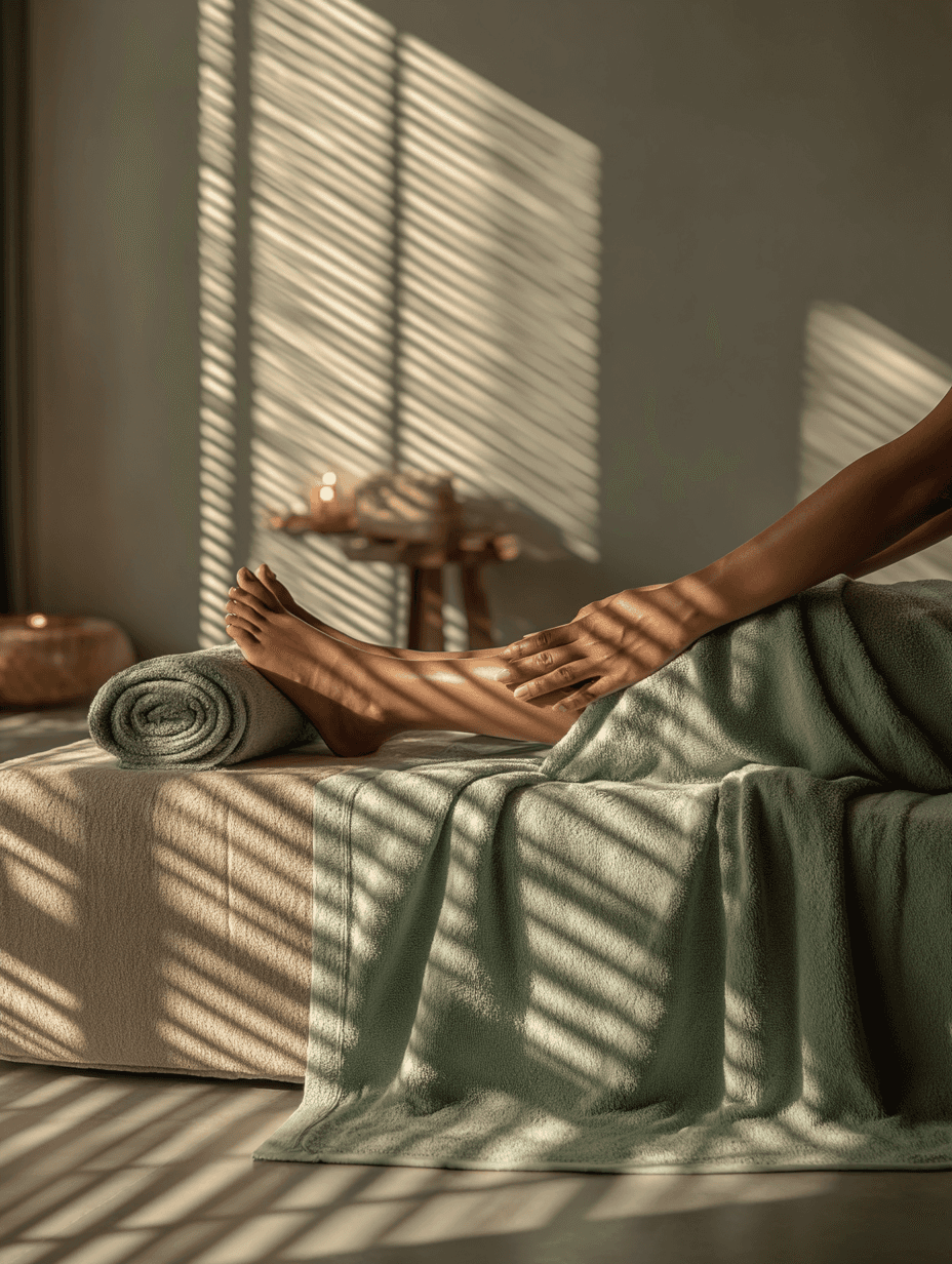 Ambiance spa paisible avec lumière tamisée, jambes d’une femme allongée sur une table de massage, serviette roulée sous les pieds, décor minimaliste et élégant, idéal pour illustrer un soin de réflexologie plantaire ou un moment de détente au spa.